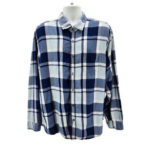 Carbon2Cobalt Mens XL Shirt Flannel Button Plaid Navy Blue White Cotton Preppy